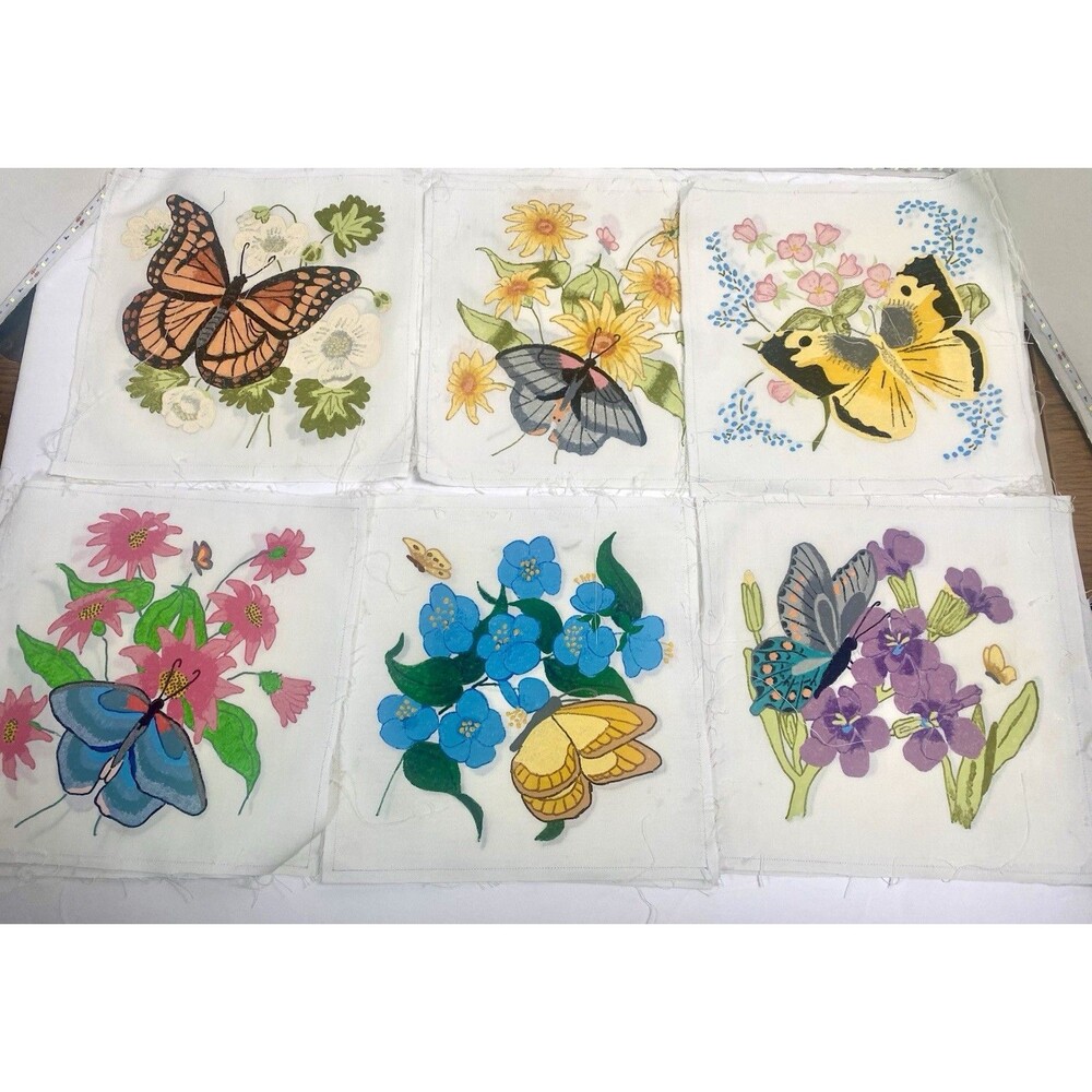 22  Vintage Fabric Quilt Blocks Butterflies Hand Painted Unfinished 9" Squares